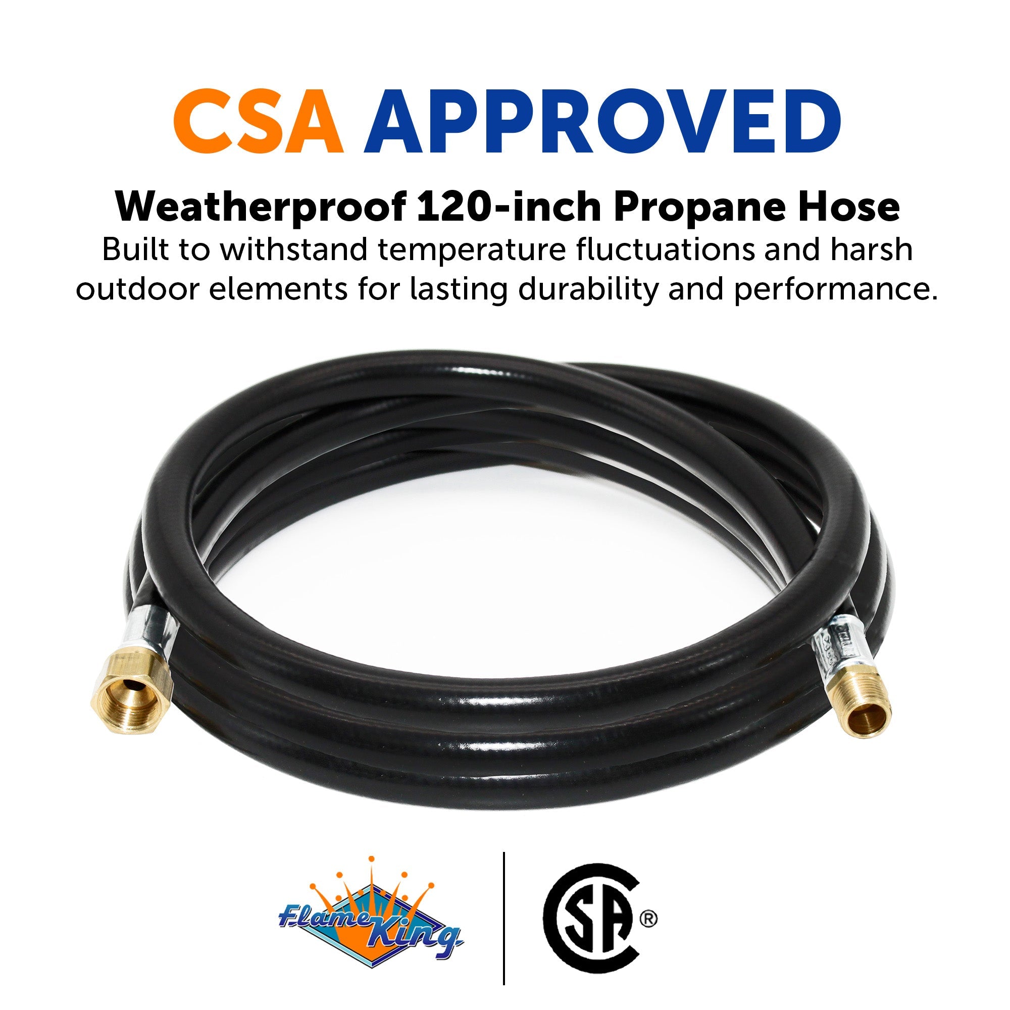 Flame King Connect Regulator to Gas Piping, Propane Thermo Plastic Rubber Hose Assembly, 120-inch, 3/8-inch ID for RVs and Travel Trailers