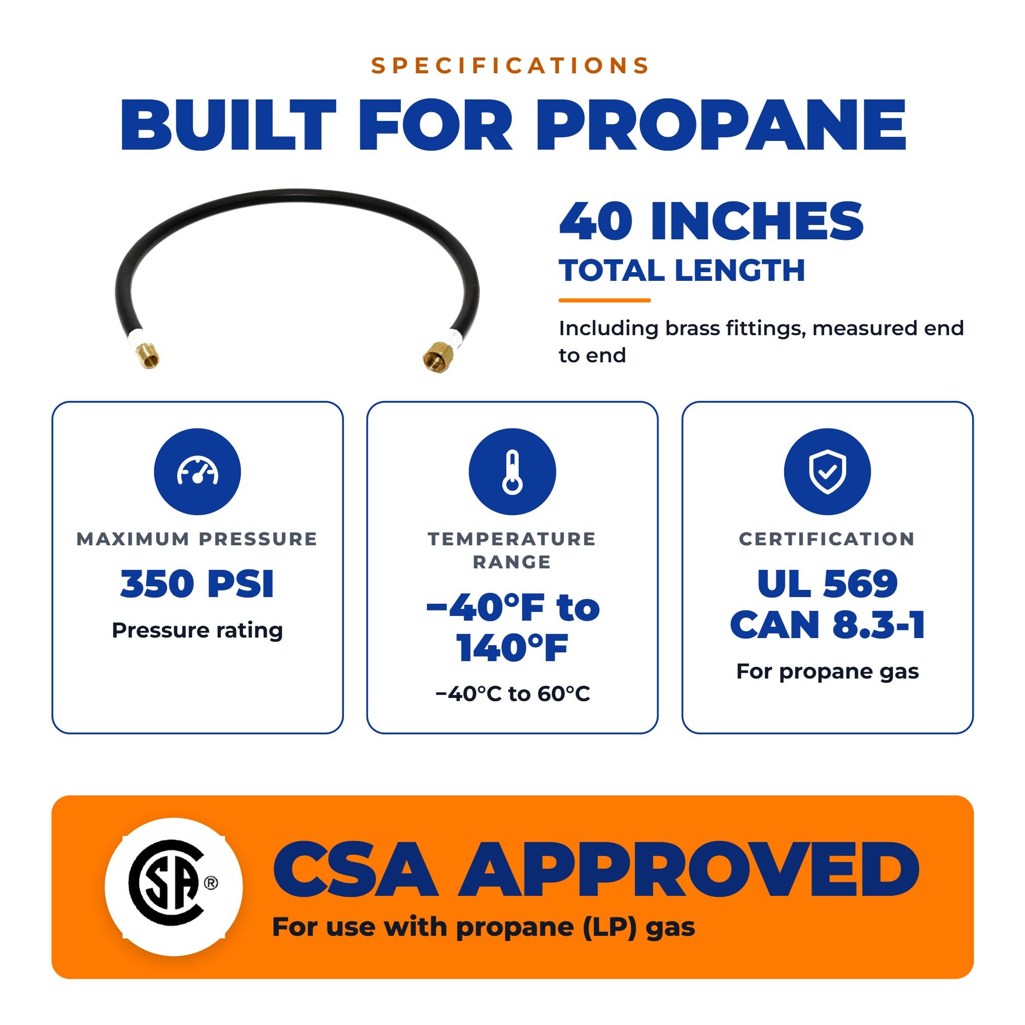 Flame King 40" RV Propane Hose, 1/2" Female Flare x 3/8" MNPT CSA Approved