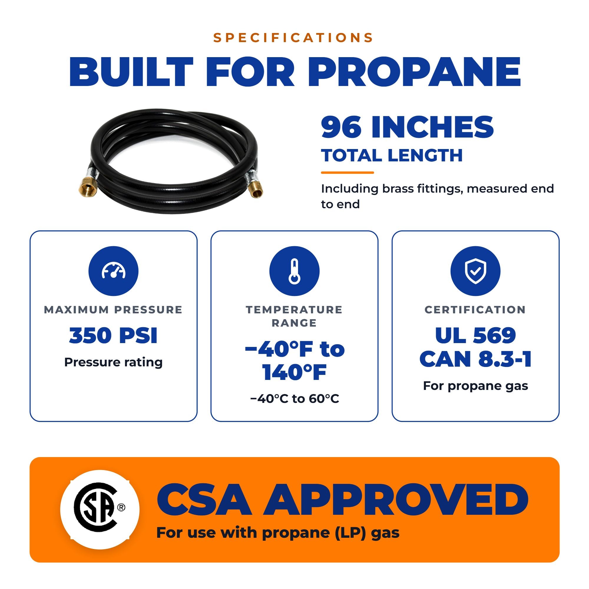 Flame King 120" RV Propane Hose, 1/2" Female Flare x 3/8" MNPT CSA Approved