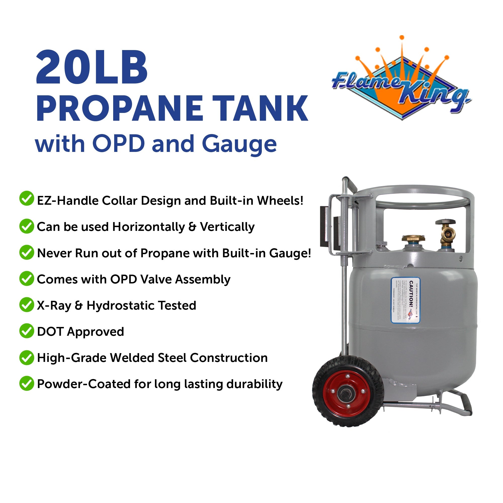Flame King 20lb Horizontal & Vertical Propane Cylinder Gauge OPD & Wheels