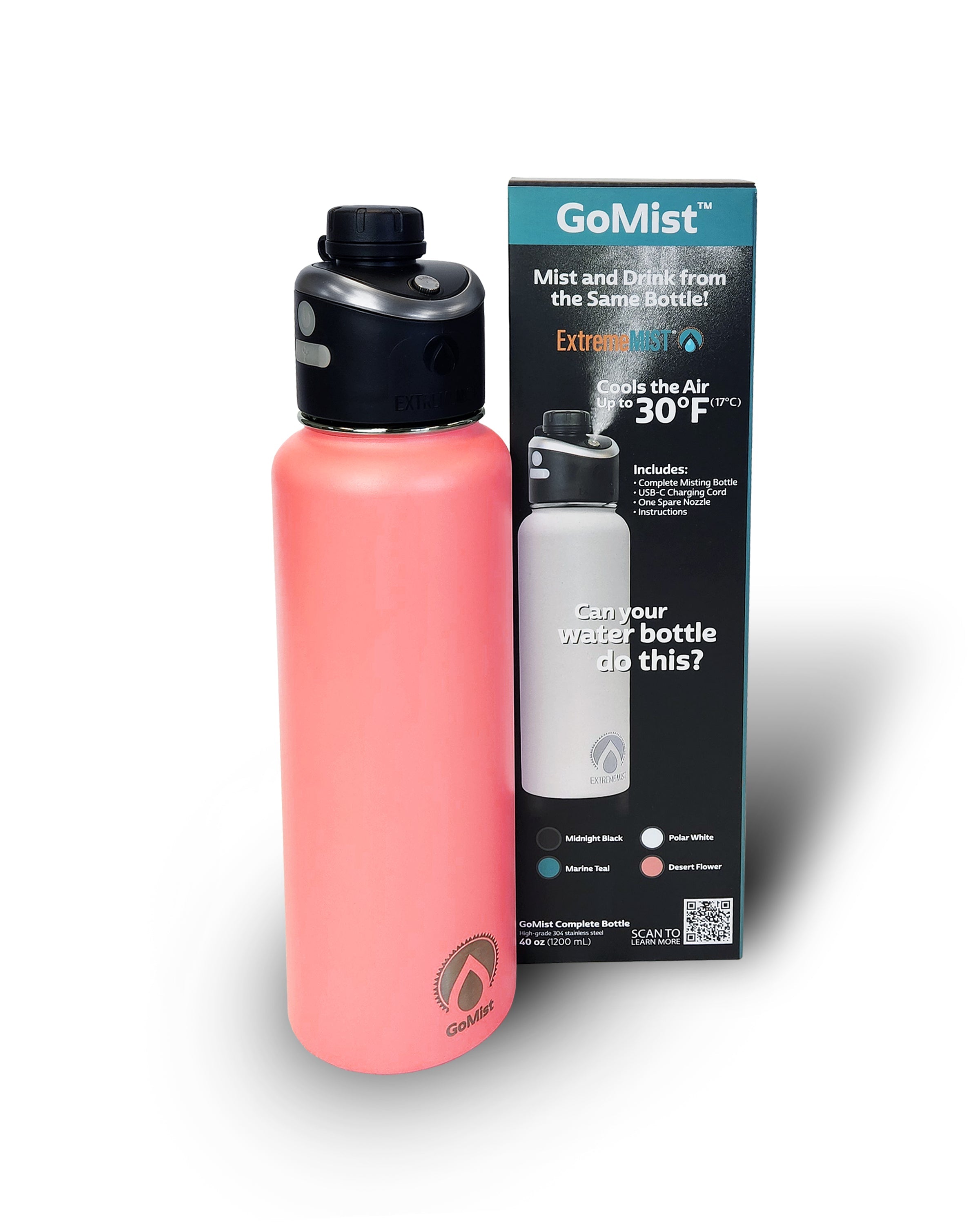 GoMist® Rechargeable Cooling Water Bottle 40oz – Portable Misting Bottle for Hiking, Sports & Outdoor Heat