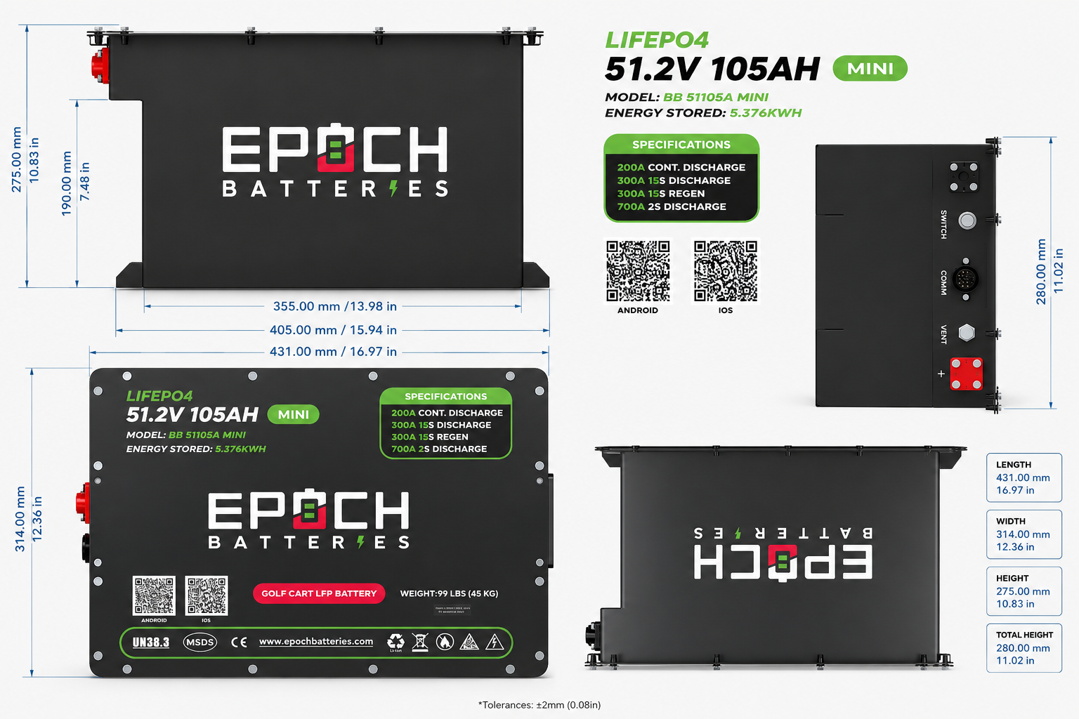 48V 105Ah MINI Golf Cart Battery Complete Kit - Lithium (LiFePO4)