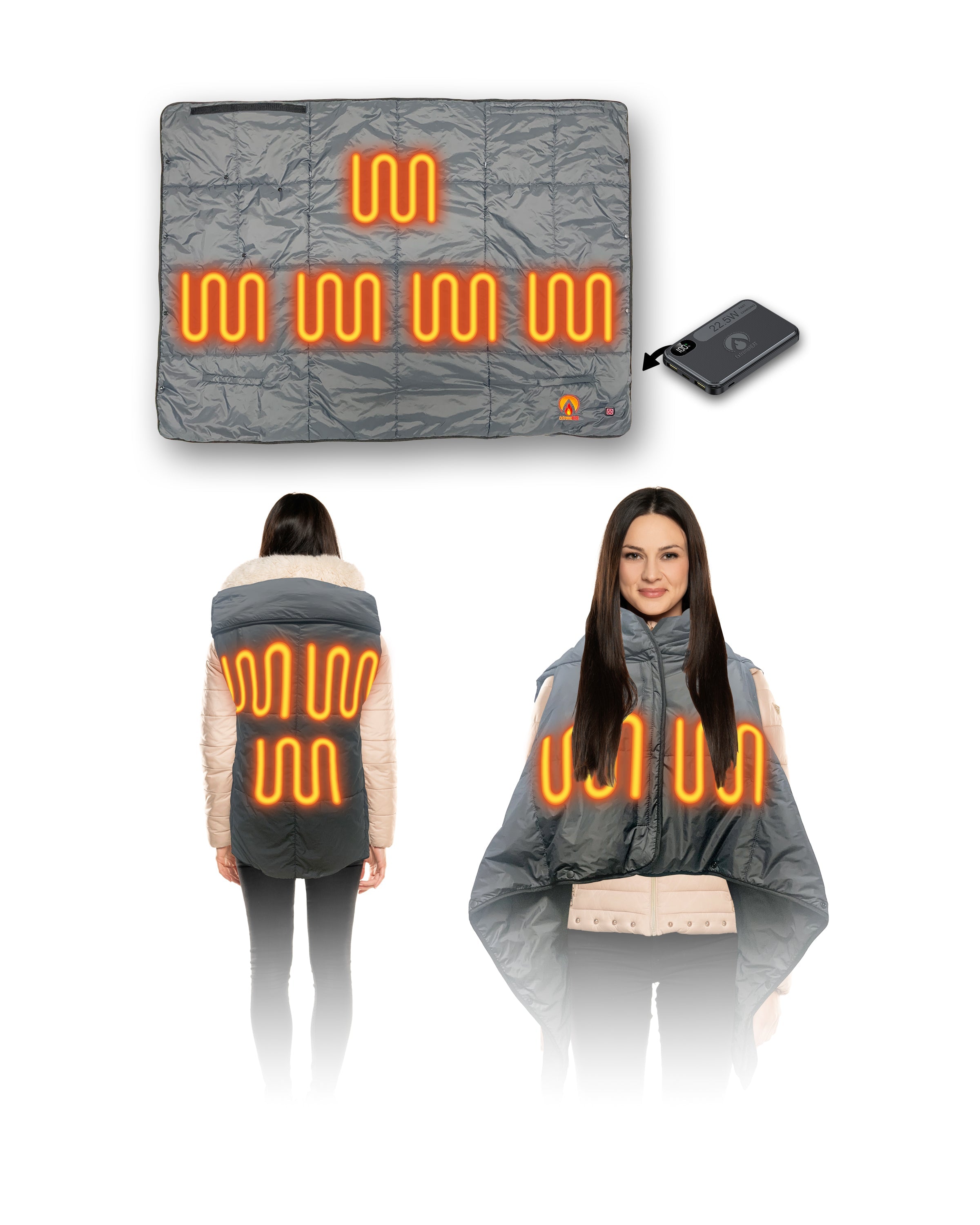 Heated Camping Blanket and Wearable Poncho with 10,000 mAh Battery, Portable Rechargeable Electric Throw for Camping, Stadiums, RV and Emergency Use, by ExtremeMist