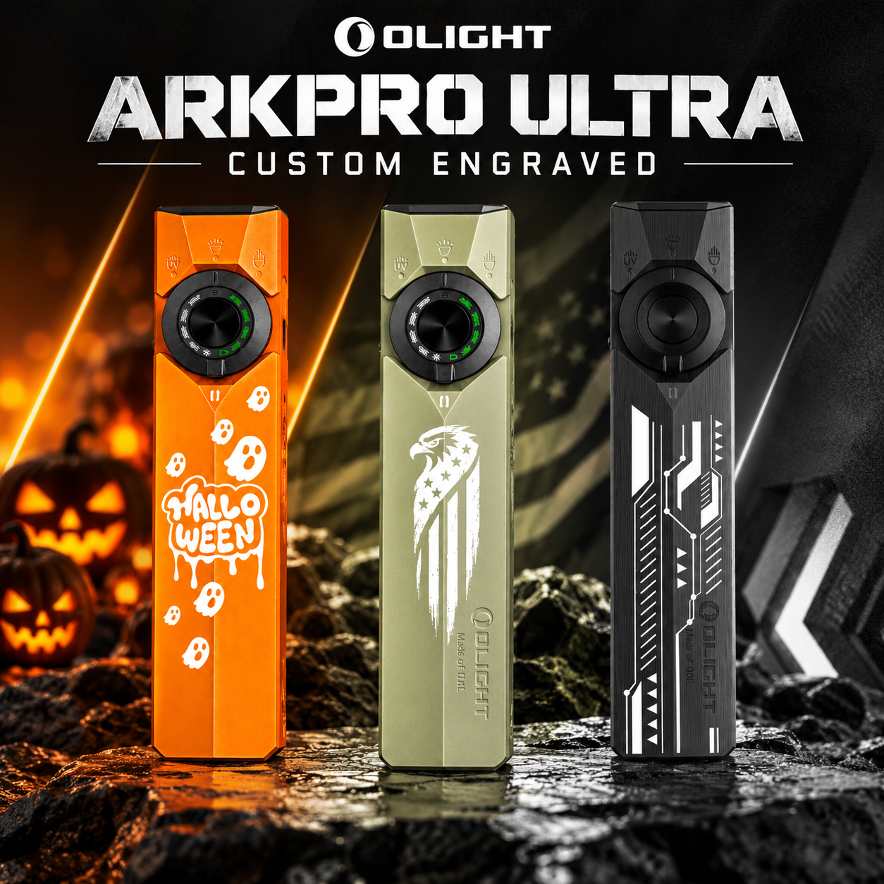 (Custom Engraved) Olight ArkPro Ultra 1700 Lumen Rechargeable EDC Flashlight with UV Light & Green Laser