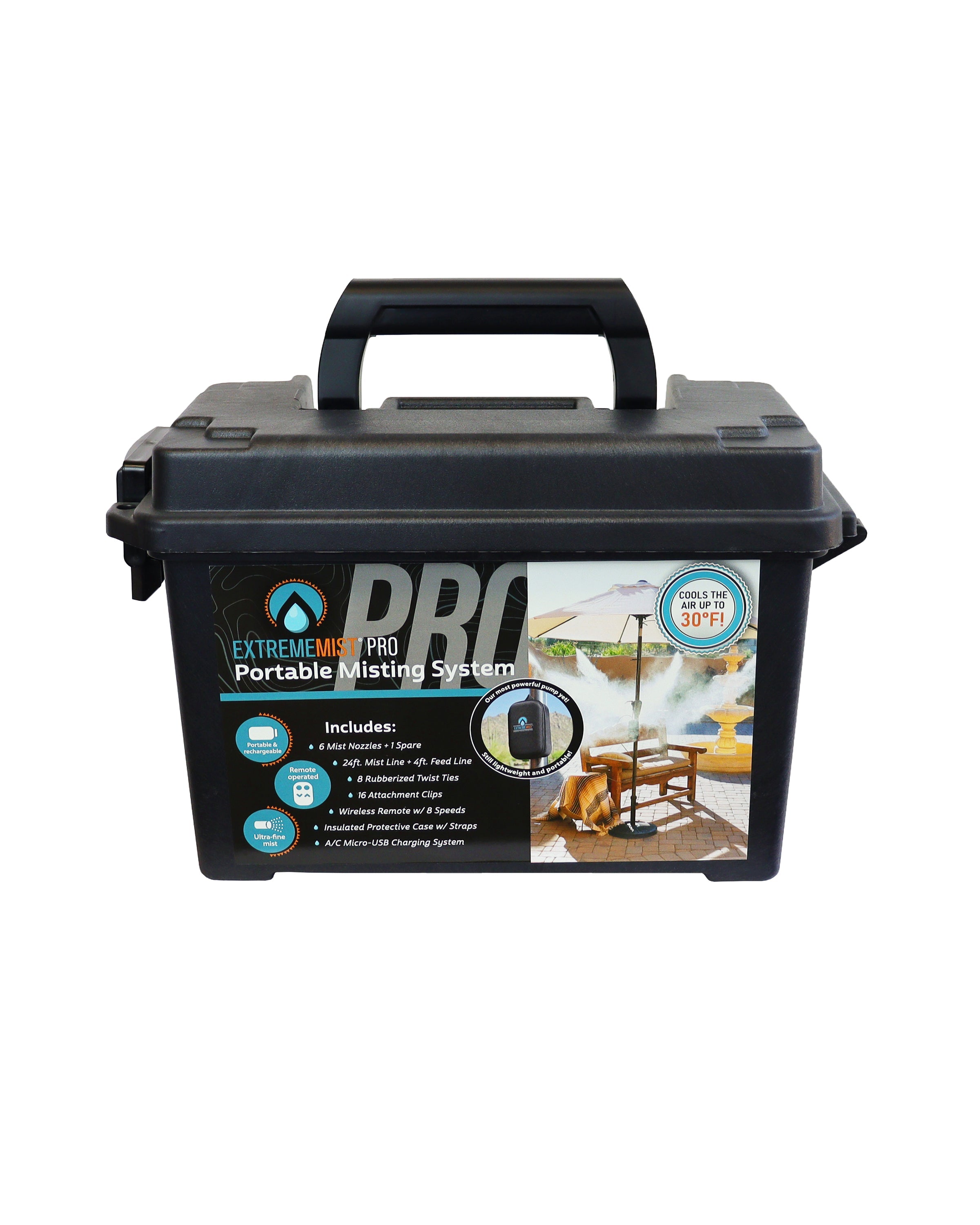 Professional-Grade Portable Misting System 24ft Pro Kit – Rechargeable Outdoor Cooling Mister with Storage Box