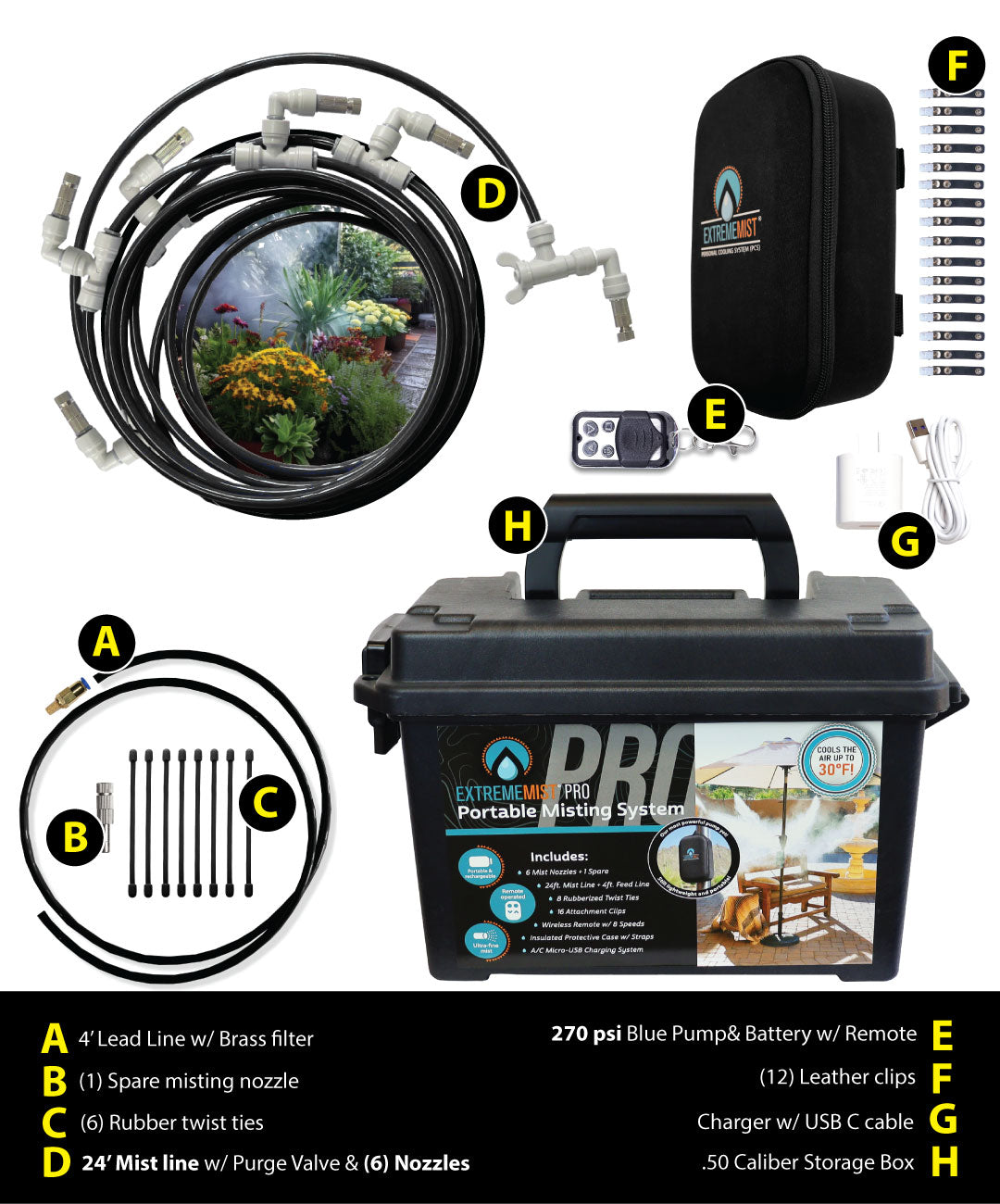 16ft Portable Misting System Kit – 170 PSI Rechargeable Outdoor Cooling System with 8-Speed Wireless Remote
