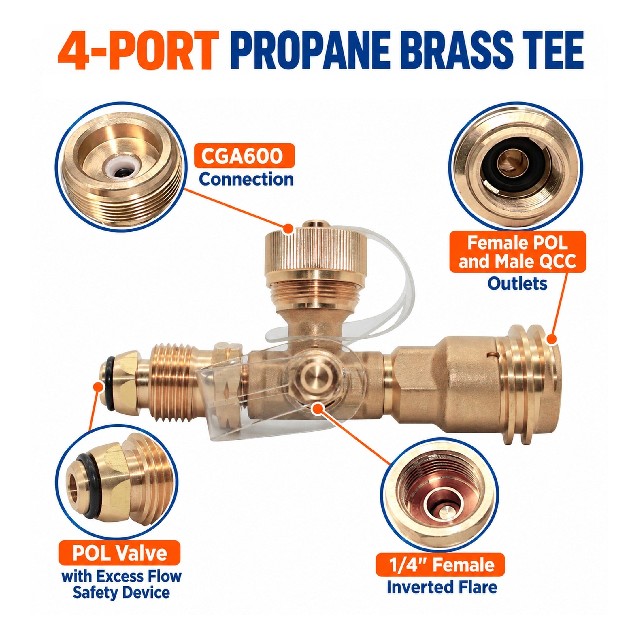 4 Port Brass Tee Propane Adapter - Flame King