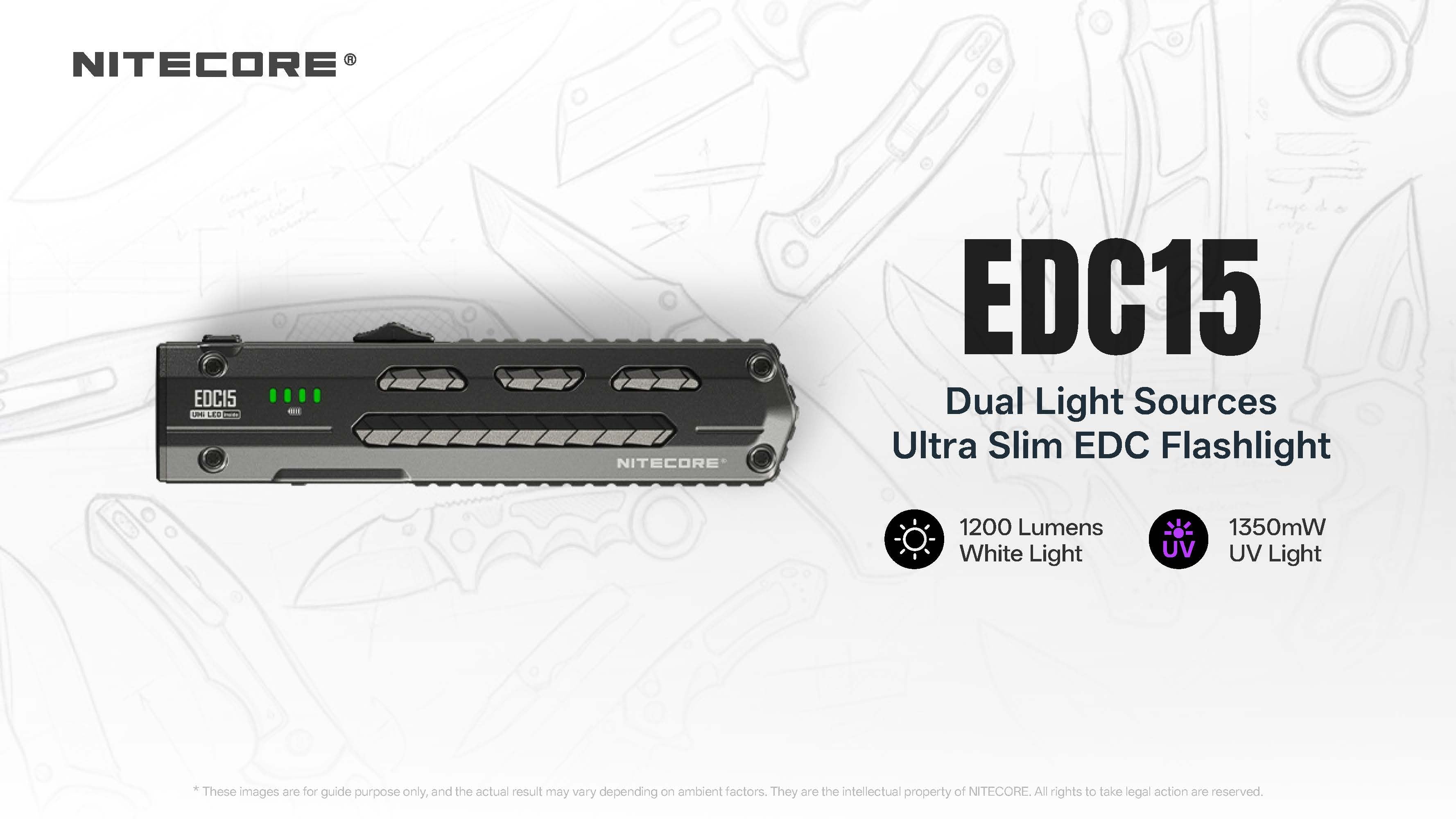 Nitecore EDC15 1200 Lumen Rechargeable EDC Flat Flashlight with UV Light