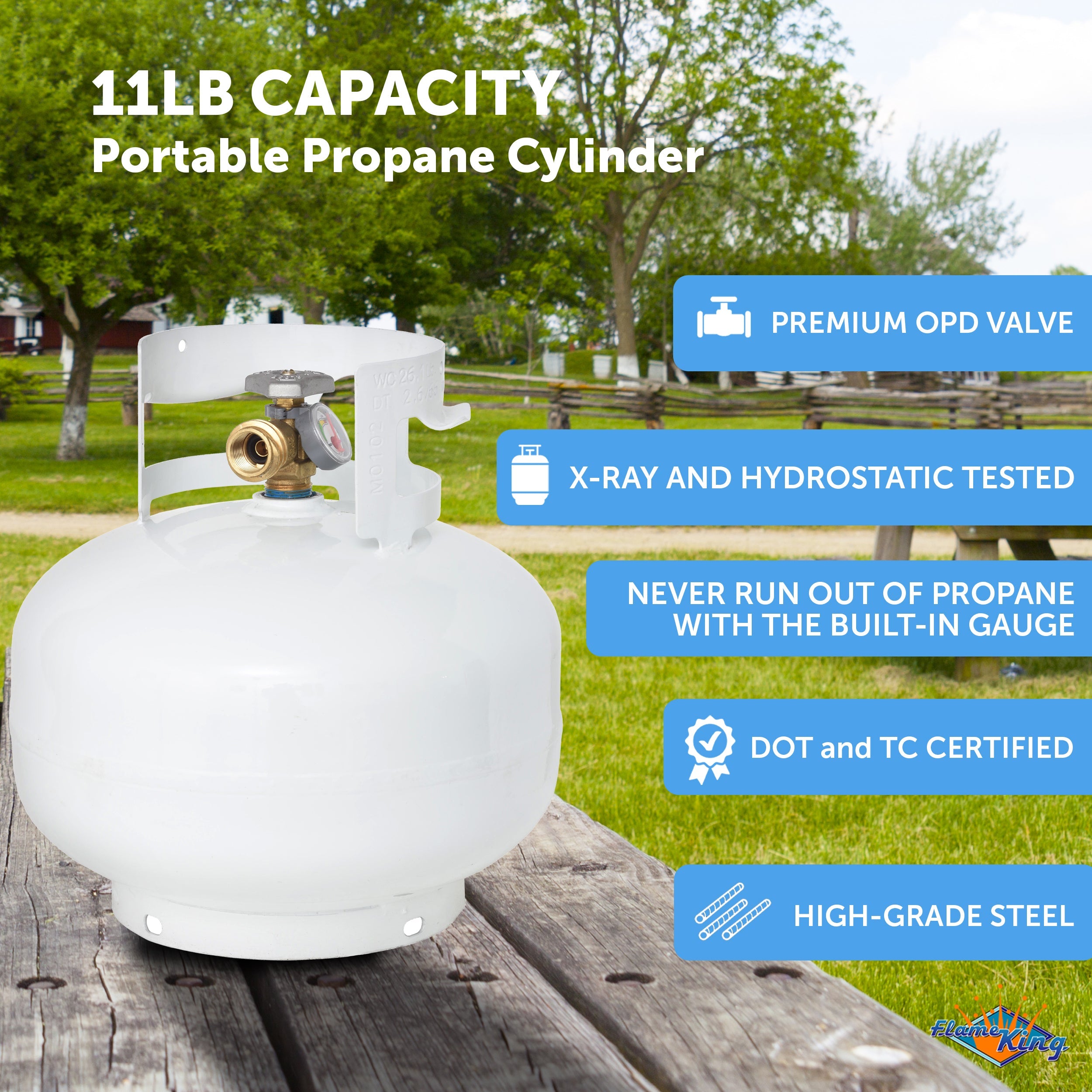 Flame King 11lb Propane Tank Cylinder Squatty with Gauge and Type 1 OPD Valve