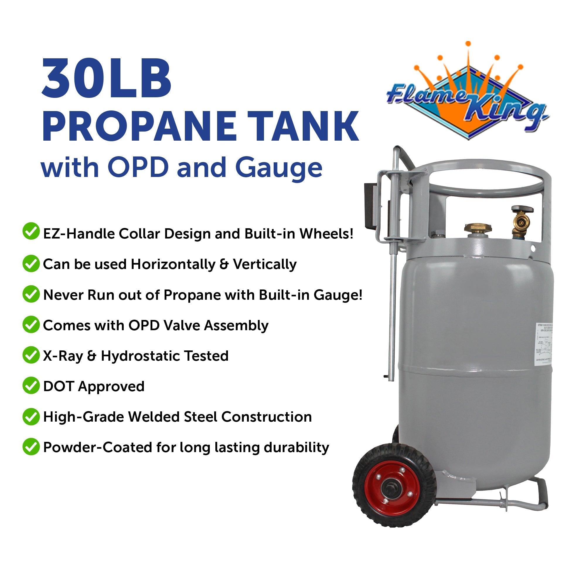 Flame King 30lb Horizontal & Vertical Propane Cylinder Gauge OPD & Wheels