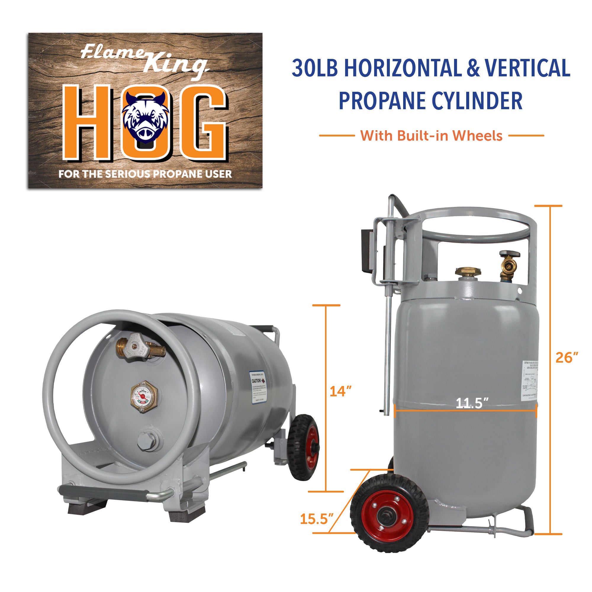 Flame King 30lb Horizontal & Vertical Propane Cylinder Gauge OPD & Wheels