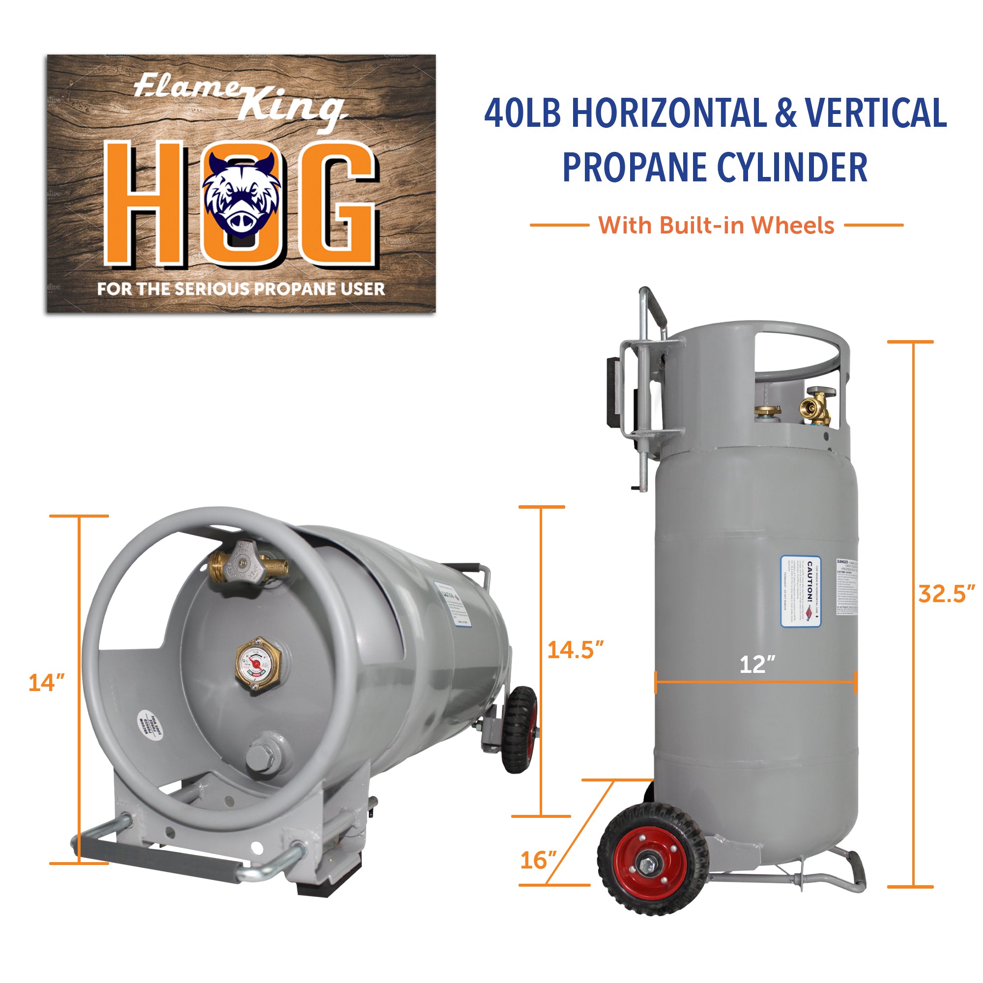 Flame King 40lb Horizontal & Vertical Empty Propane Cylinder with OPD & Wheels