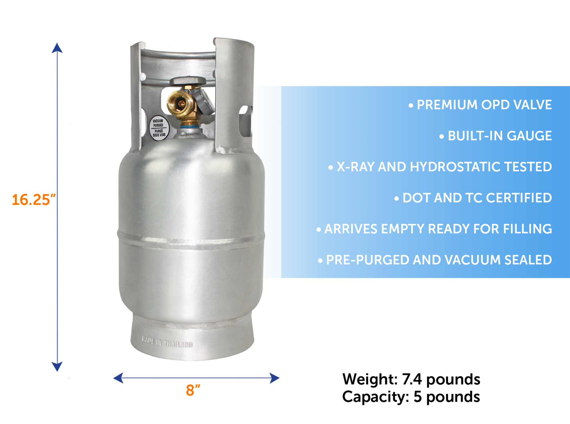 Flame King Lightweight 5lb Aluminum Propane Tank LP Cylinder with OPD & Gauge