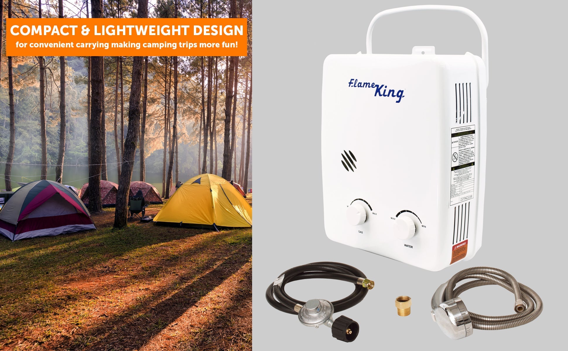 Flame King Tankless Outdoor Portable Camping Hot Shower Propane Gas 5L 1.32GPM Water Heater 34,000 BTU