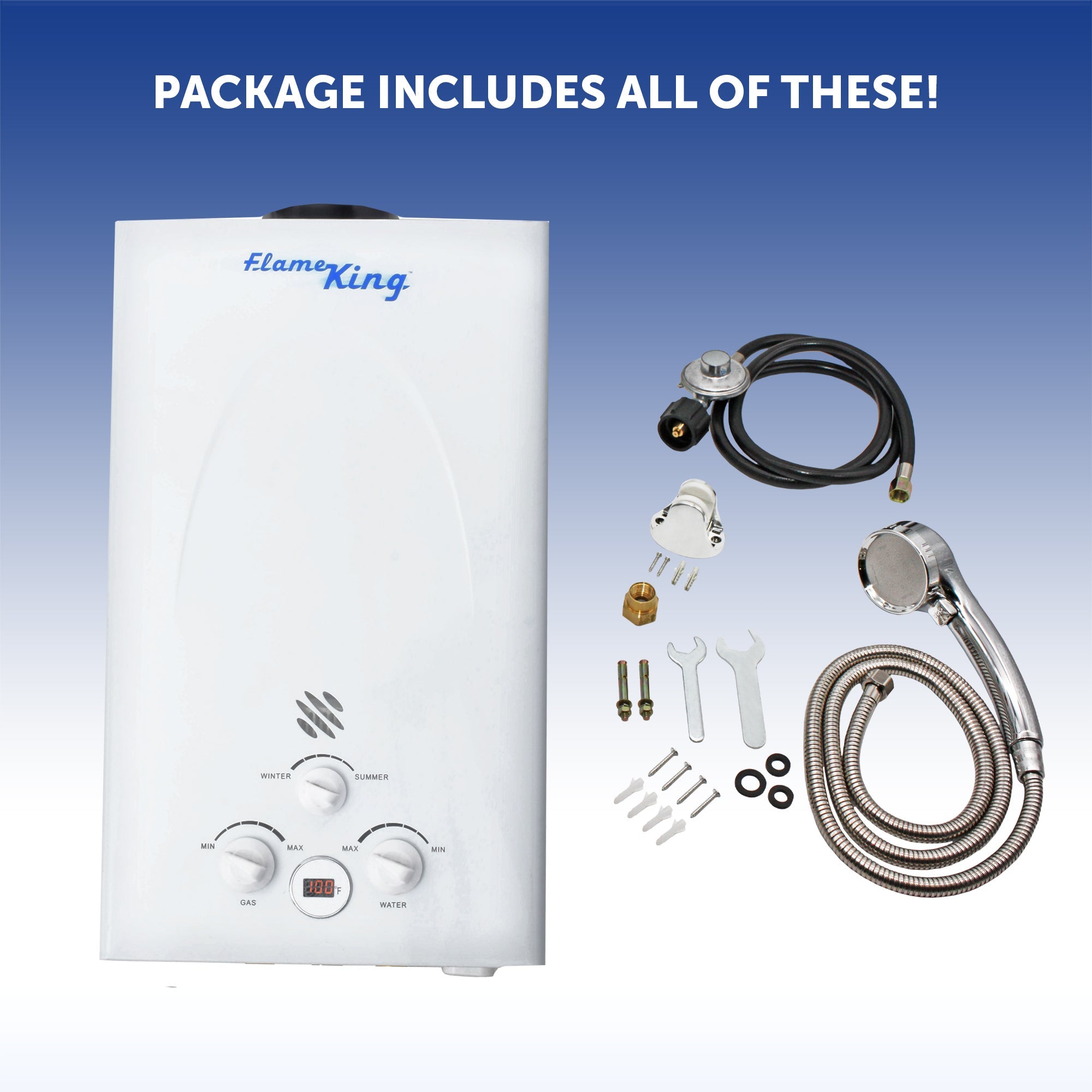 Flame King Tankless Outdoor Portable Camping Hot Shower Propane Gas 10L 2.64GPM Water Heater 68,000 BTU