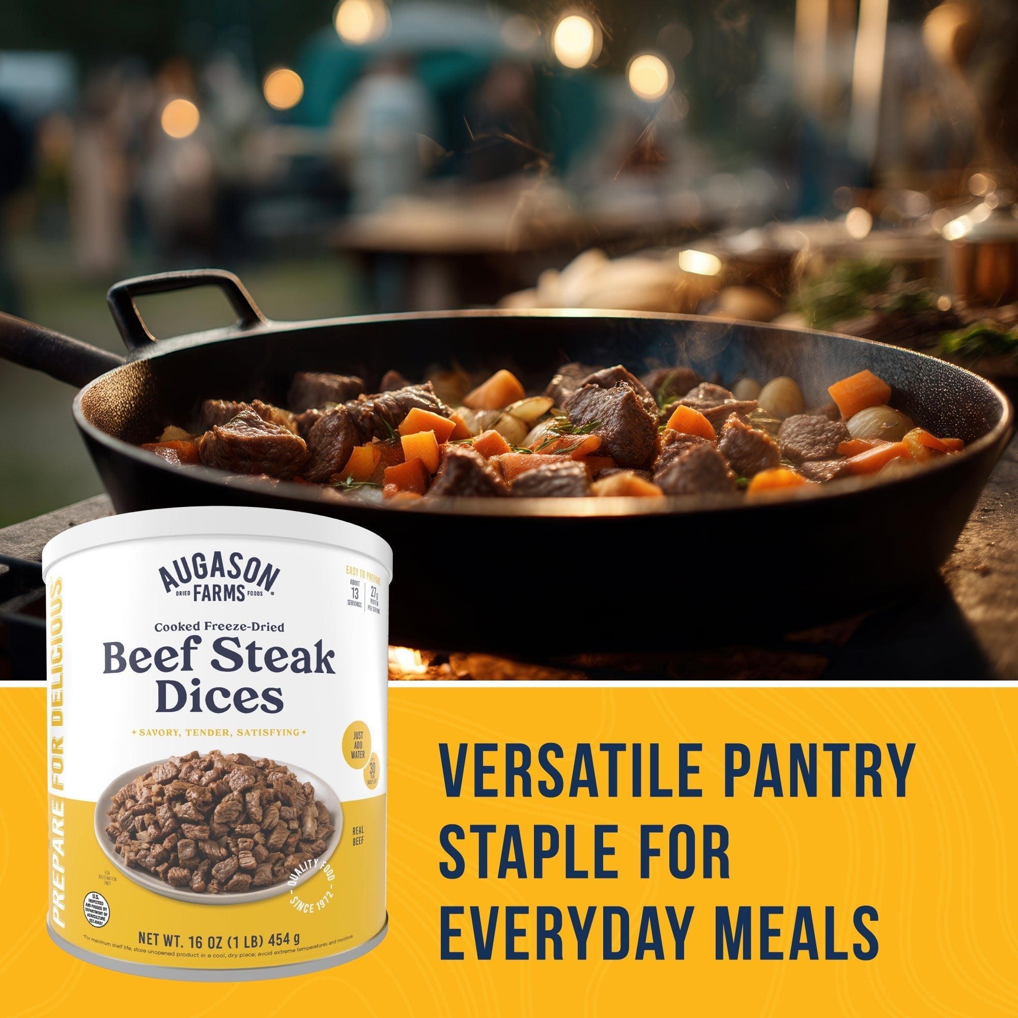 Cooked Freeze Dried Beef Steak Dices Can, 13 Servings