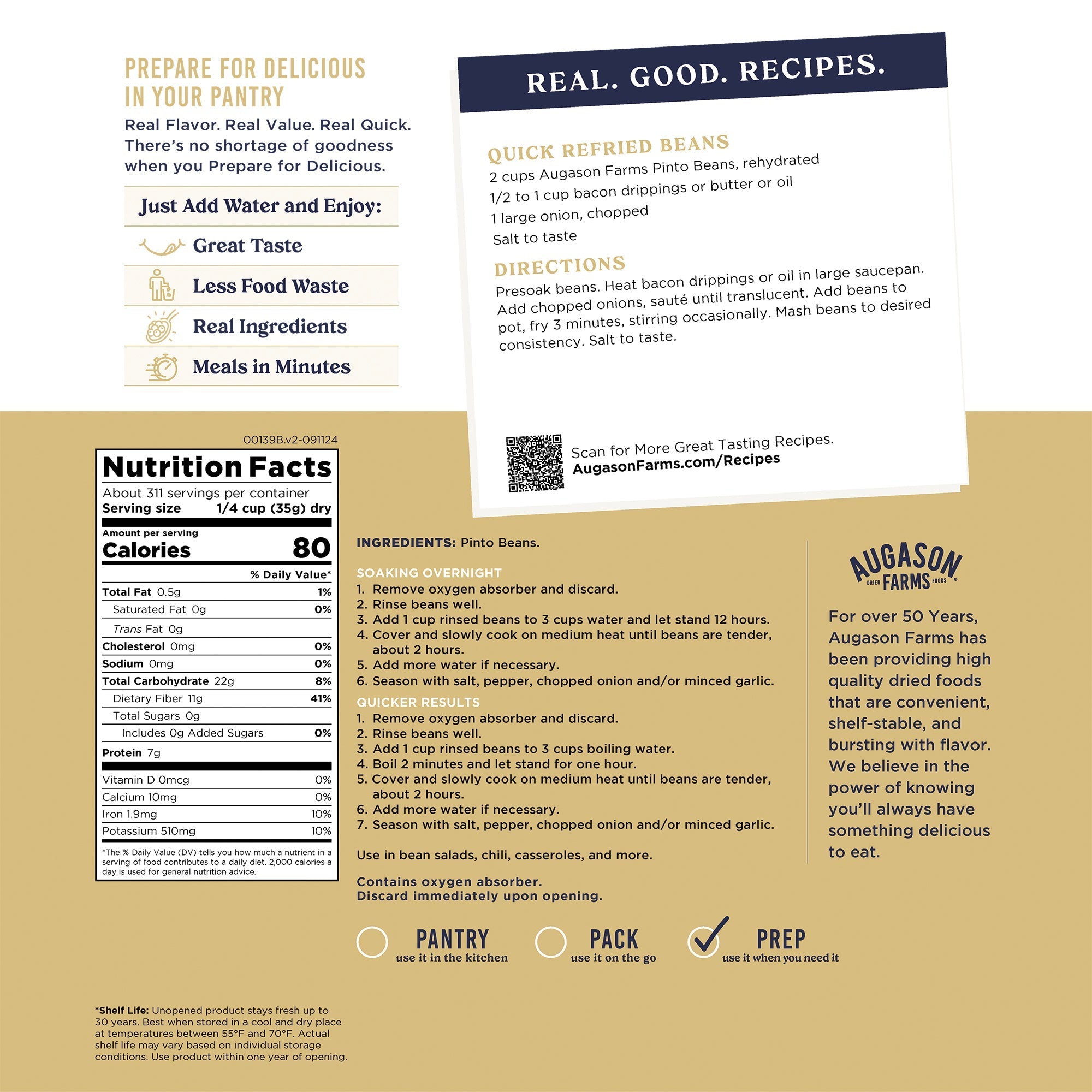 Dried Pinto Beans 4 Gallon Pail, 311 Servings