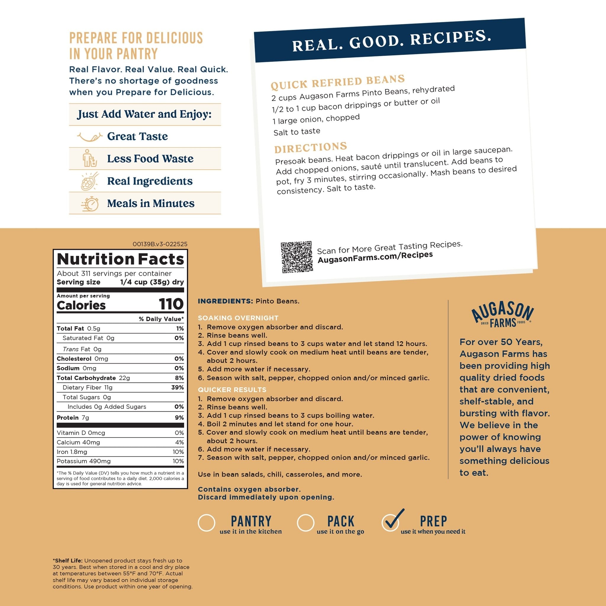 Dried Pinto Beans 4 Gallon Pail, 311 Servings