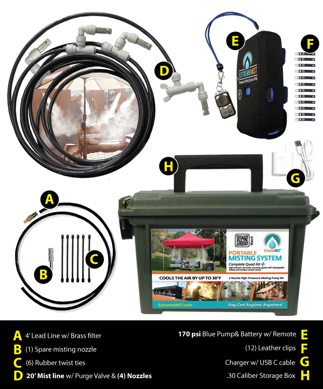 16ft Portable Misting System Kit – 170 PSI Rechargeable Outdoor Cooling System with 8-Speed Wireless Remote