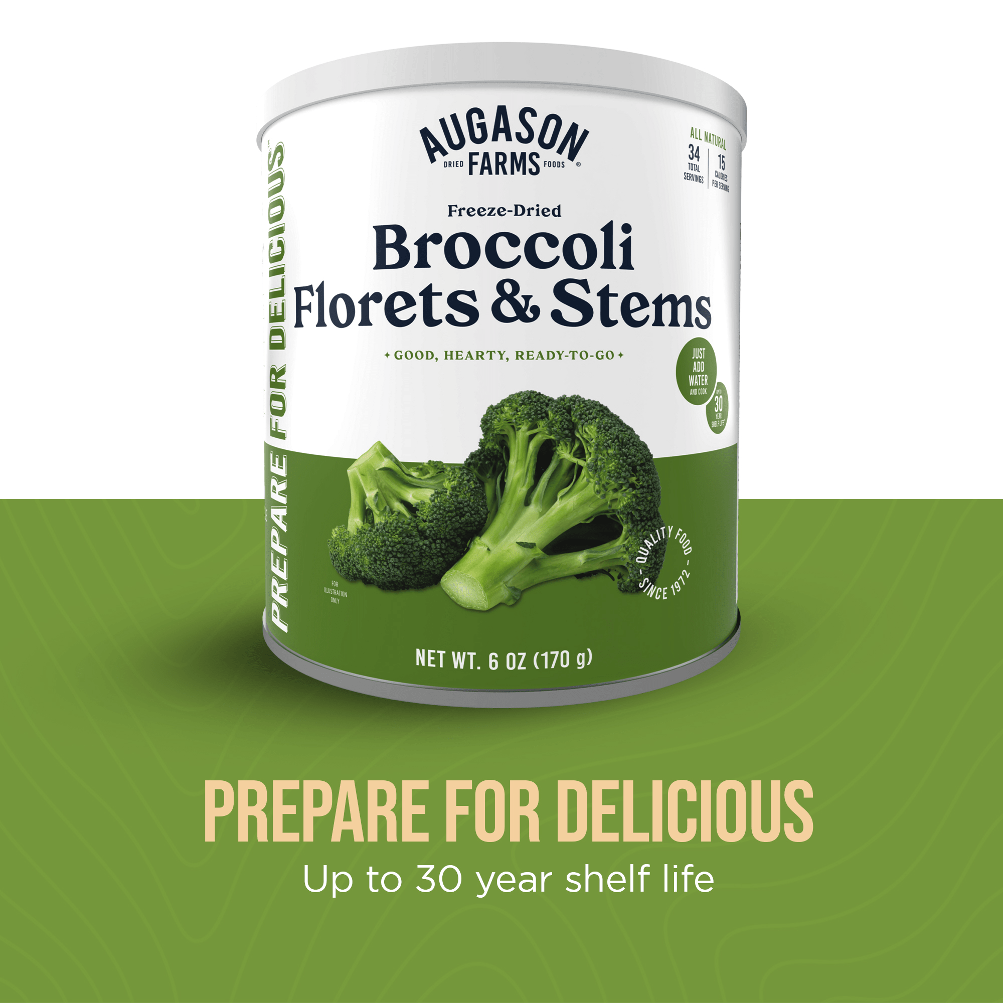 Freeze Dried Broccoli Florets and Stems Can, 34 Servings